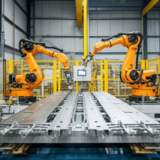 High-tech factory floor with precision elevator components