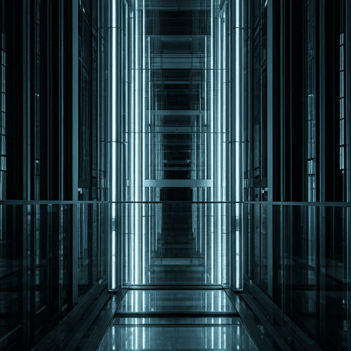 Ultra-modern glass elevator shaft interior in a skyscraper