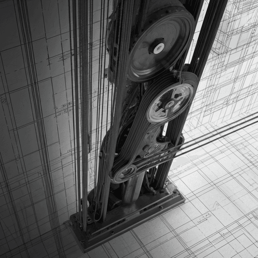 Complex elevator pulley system and technical blueprints