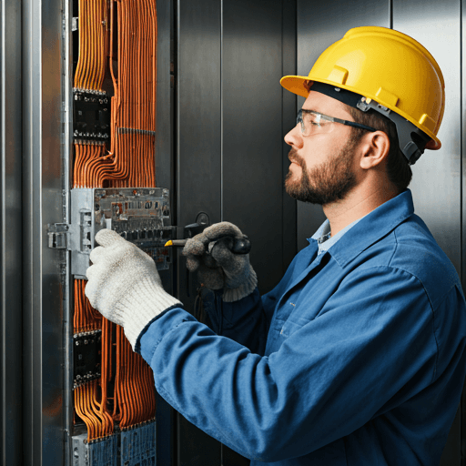 Technician working on elevator circuit